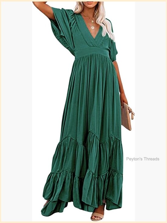 Dresses & Skirts - Women's Boho Ruffle Sleeve Flowy Maxi Dress Lace Up Back Tiered A Line Dress